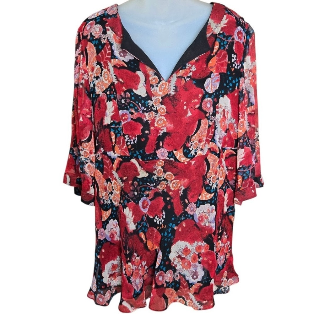 Avenue Womens Romantic Boho Silk Floral Tunic‎ Top Size 14 16 Bell Sleeve Dainty